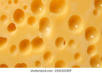 Processed texture of radomer or maasdam yellow cheese with large holes close up. Detailed photo of cheese surface in macro - Powered by Shutterstock