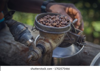 Processing coffee on a small african farm.