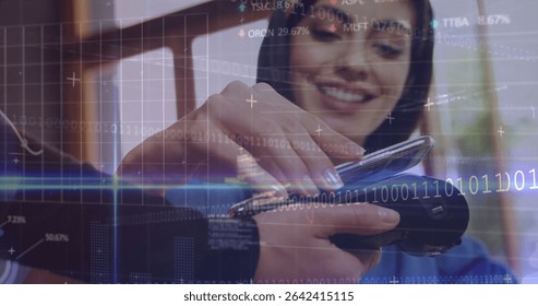 Processing contactless smartphone payment at checkout with terminal and smartwatch digital overlays. Digital finance, commerce, modern, technology, transaction, innovation, urban