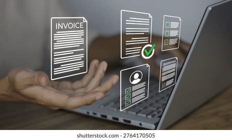 Processing digital invoices and financial documents using an automated online management system on a laptop. The image illustrates a professional workspace where a user is managing business transactions, represented by floating digital icons. These icons include a detailed Invoice document, a Quotation form, a user profile document with green checkmarks, and various verified data lists. The gesture of the hand hovering beneath the invoice suggests ease of control, accessibility, and the transition from paper-based to paperless accounting. This concept emphasizes efficiency in bookkeeping, tax preparation, and corporate financial workflows through modern fintech solutions - Powered by Shutterstock - Get 15% off with code: PIKWIZARD15