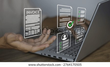 Processing digital invoices and financial documents using an automated online management system on a laptop. The image illustrates a professional workspace where a user is managing business transactions, represented by floating digital icons. These icons include a detailed Invoice document, a Quotation form, a user profile document with green checkmarks, and various verified data lists. The gesture of the hand hovering beneath the invoice suggests ease of control, accessibility, and the transition from paper-based to paperless accounting. This concept emphasizes efficiency in bookkeeping, tax preparation, and corporate financial workflows through modern fintech solutions