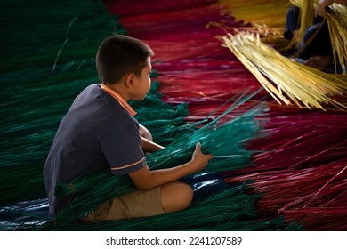 Processing of flax trees into different colors to be weaved into mats. One of the occupations and lifestyles of village people in rural Thailand.
