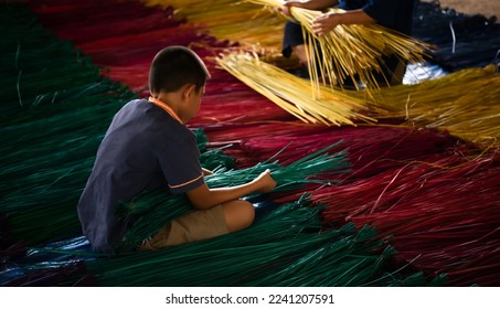 Processing of flax trees into different colors to be weaved into mats. One of the occupations and lifestyles of village people in rural Thailand.
