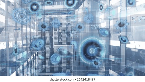 Processing main server rack projecting hologram overlays in data room, with LED lights and formulas. Futuristic, technology, data, cybersecurity, digital, innovation, network