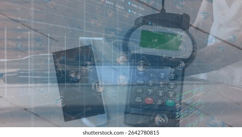 Processing male in suit handling payment terminal aboard plane with smartphones, card, copy space. Digital finance, mobile banking, fintech, tablet, aviation, investment, business