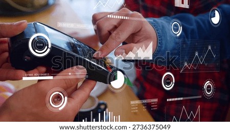 Processing payment on POS terminal at cafe, card being inserted, coffee and analytics overlays. Fintech, transaction, handheld, contactless, charts, graphs, augmentedreality