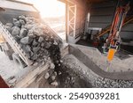 Processing plant crusher, rock ore is crushed to recover copper, gold, iron, top view.