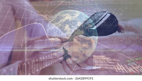 Processing sleeved hands tapping payment card on reader in display with globe and binary code. Fintech, digital banking, e-commerce, technology, commerce, innovation, cybersecurity