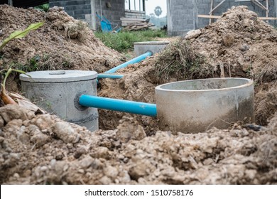 Processing Of  The Underground Concrete Water Tank For Lavatory  Countryside In Thailand. Thai Traditional Toilet System.