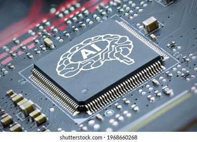 Processor for AI acceleration, CPU Central processing Unit or GPU microchip on a motherboard. AI-focused hardware and software is upgraded in mobile processor and smart device to imitate human brain
