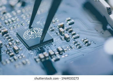 Processor for AI acceleration, CPU Central processing Unit or GPU microchip on a motherboard. AI-focused hardware and software is upgraded in mobile processor and smart device to imitate human brain