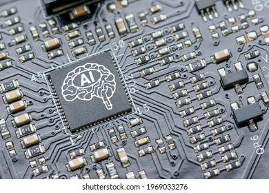 Processor for AI acceleration, CPU Central processing Unit or GPU microchip on a motherboard. AI-focused hardware and software is upgraded in mobile processor and smart device to imitate human brain