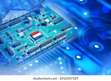 Processor with flag of Netherlands. CPU production in Holland. Graphics processor for computer. CPU chip from Netherlands. Background with computer board. CPU processor from Netherlands. 