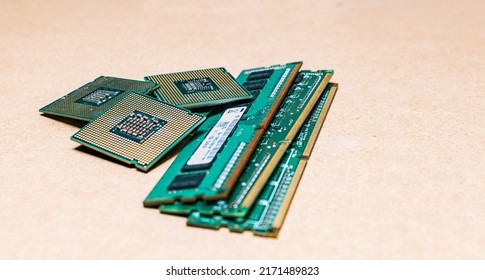 Processors and ram memories on isolated background, concept of ram memories and processors on isolated background, RAM memories with computer microprocessors isolated