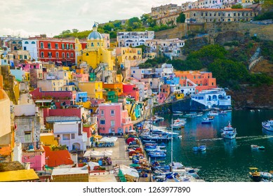 Procida, Italy-August 18, 2016: Porto Corricella in Procida Island, Italy