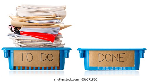 Procrastination - A full To Do tray and an empty Done tray - Overwhelmed - Isolated on white background