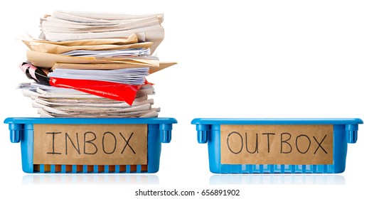 Procrastination - A full Inbox tray and an empty Outbox tray - Overwhelmed - Isolated on white background