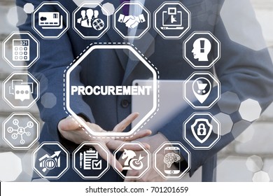 Procurement Business Concept. E-Procurement. Man Offers Procurement Text Icon On A Virtual Digital Screen Interface.