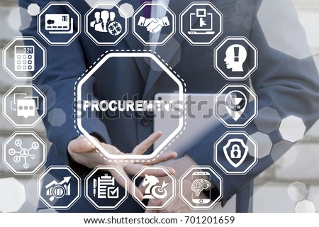 Procurement Business Concept. E-Procurement. Man offers procurement text icon on a virtual digital screen interface.