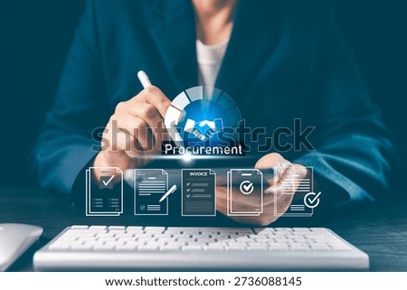 Procurement and digital document workflow concept as business professional uses stylus to manage purchase records and approve forms and invoices on virtual interface, improving control and compliance.