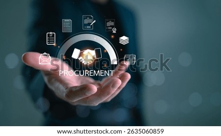 Procurement digital interface with handshake icon on businessman hand, symbolizing contract agreement, document workflow, and smart business solutions in modern supply chain systems.