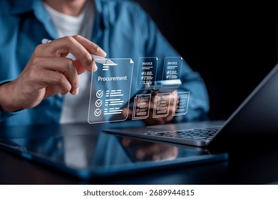 Procurement and invoice digital documents with checklist, business purchasing, vendor management, contract process, and corporate financial workflow automation.