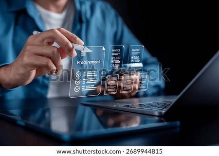 Procurement and invoice digital documents with checklist, business purchasing, vendor management, contract process, and corporate financial workflow automation.