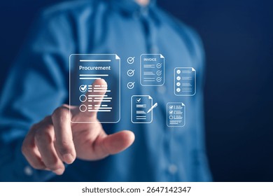 Procurement and invoice document system with digital checklist approval, streamlining supply chain tasks. Visual representation of business workflow, record accuracy, and vendor collaboration.