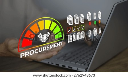 Procurement management concept featuring a professional hand interacting with a colorful performance gauge and digital icons over a laptop keyboard. This visual represents the intricate process of vendor evaluation, strategic sourcing, and supply chain risk management. The graphics illustrate document verification, satisfaction ratings, and contract compliance checklists used by businesses to streamline purchasing workflows. This image is ideal for content related to B2B relationship management, corporate logistics, enterprise resource planning (ERP), and the digital transformation of procurement departments aimed at increasing operational efficiency