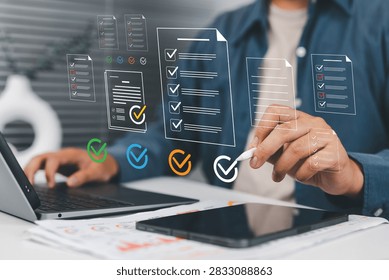 Procurement manager organizing workflow documentation including contracts, purchase orders, bids and compliance records to track costs and improve efficiency in B2B purchase management.