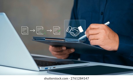 Procurement process management, Digital and paper document approval, contract verification, supplier negotiation, and business purchasing operations using laptop and paper in office environment