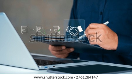Procurement process management, Digital and paper document approval, contract verification, supplier negotiation, and business purchasing operations using laptop and paper in office environment