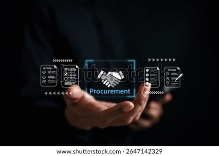 Procurement process management in a digital system. Handshake icon successful business agreement, purchase order, invoice tracking, and workflow automation in enterprise supply chain.
