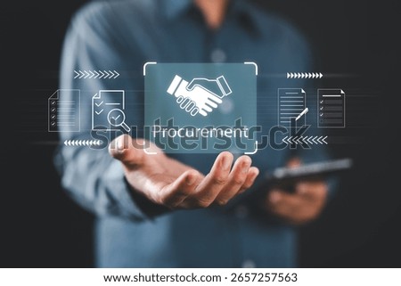 Procurement process management in a digital system. Handshake icon successful business agreement, purchase order, invoice tracking, and workflow automation in enterprise supply chain.