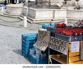 produce stand in Brno, Czechia, saying 