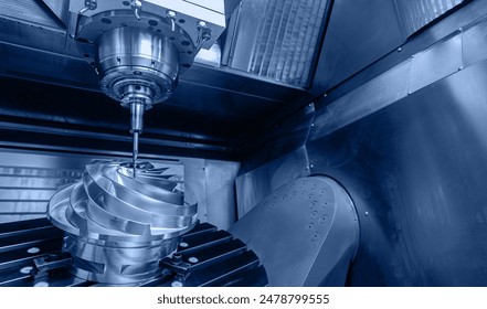 Producing turbine wheel and blades part with CNC drill machine five axis lathe. Concept modern technology for industry. - Powered by Shutterstock