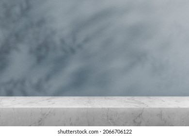 Product Backdrop, Empty Marble Table Top With Blue Wall And Plant Shadow