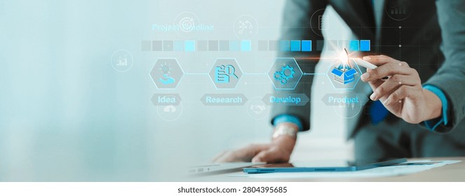 Product development and innovation process concept. Business professional managing project timeline from idea, research and development to product launch in a digital office. innovation, strategy,