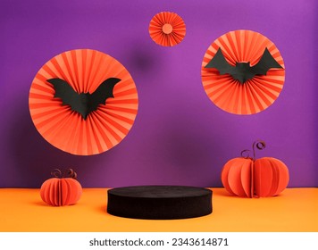 Product Display halloween decor party holiday studio set up in orange and violet color background with bat ,pumpkin,spider web - Powered by Shutterstock