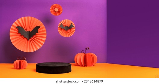 Product Display halloween decor party holiday studio set up in orange and violet color background with bat ,pumpkin,spider web - Powered by Shutterstock