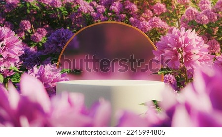 product display stand with blurred background surrounded by purple flowers. 3d render