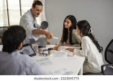 Product manager collaborates with startup team's prototype engineer to develop, test new 3d printing design. Brainstorming on how to make product in an efficient and cost-effective way for right user - Shutterstock ID 2323045775