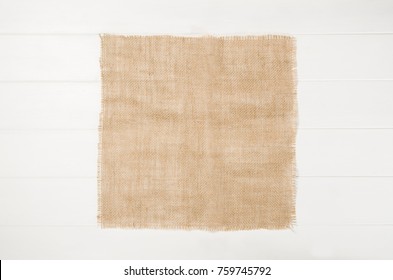 Product Photo Of White, Painted, Wooden Floor With Jute Linen Cloth. Visible Texture Background. Studio Image Taken From Above, Top View.