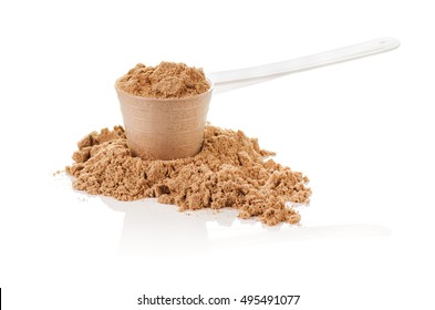 Product photograph of scoop of whey protein with visible texture and mirror reflection