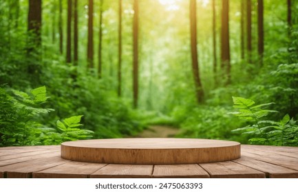 product podium in nature outdoors forest blurred green background. natural product placement, pedestal stand display, spring or summer cosmetics concept - Powered by Shutterstock