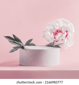 Product podium with white peony bloom and leaves at pink background. Showcase for beauty product placement. Modern display case. Front view with copy space. - Shutterstock ID 2166983777