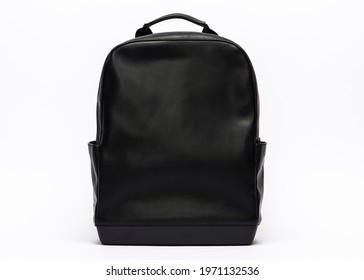 Product Shot Of Black And White Moleskin Leather Backpack, On White. 