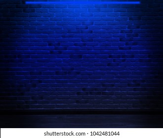 Product showcase spotlight background. Brick wall, background, blue neon light