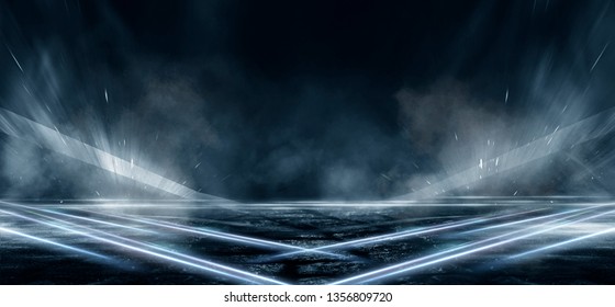 Product Showcase Spotlight Background. Clean Photography Studio. Abstract Blue Background With Rays Of Neon Light, Spotlight, Reflection On The Asphalt.