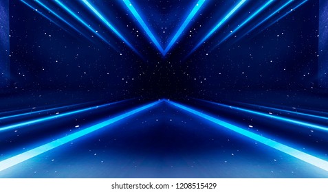 Product showcase spotlight background. Background wall with neon lines and rays.
